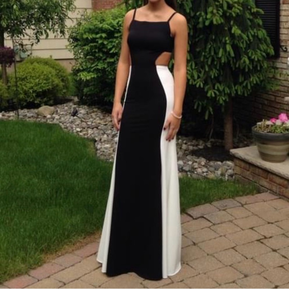 Black and white prom dress, open back with strap across